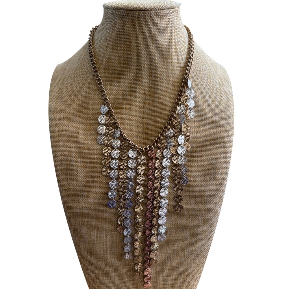 Mixed Metal Hammered Coin Fringe Bib Statement Necklace Gold Silver Rose Gold